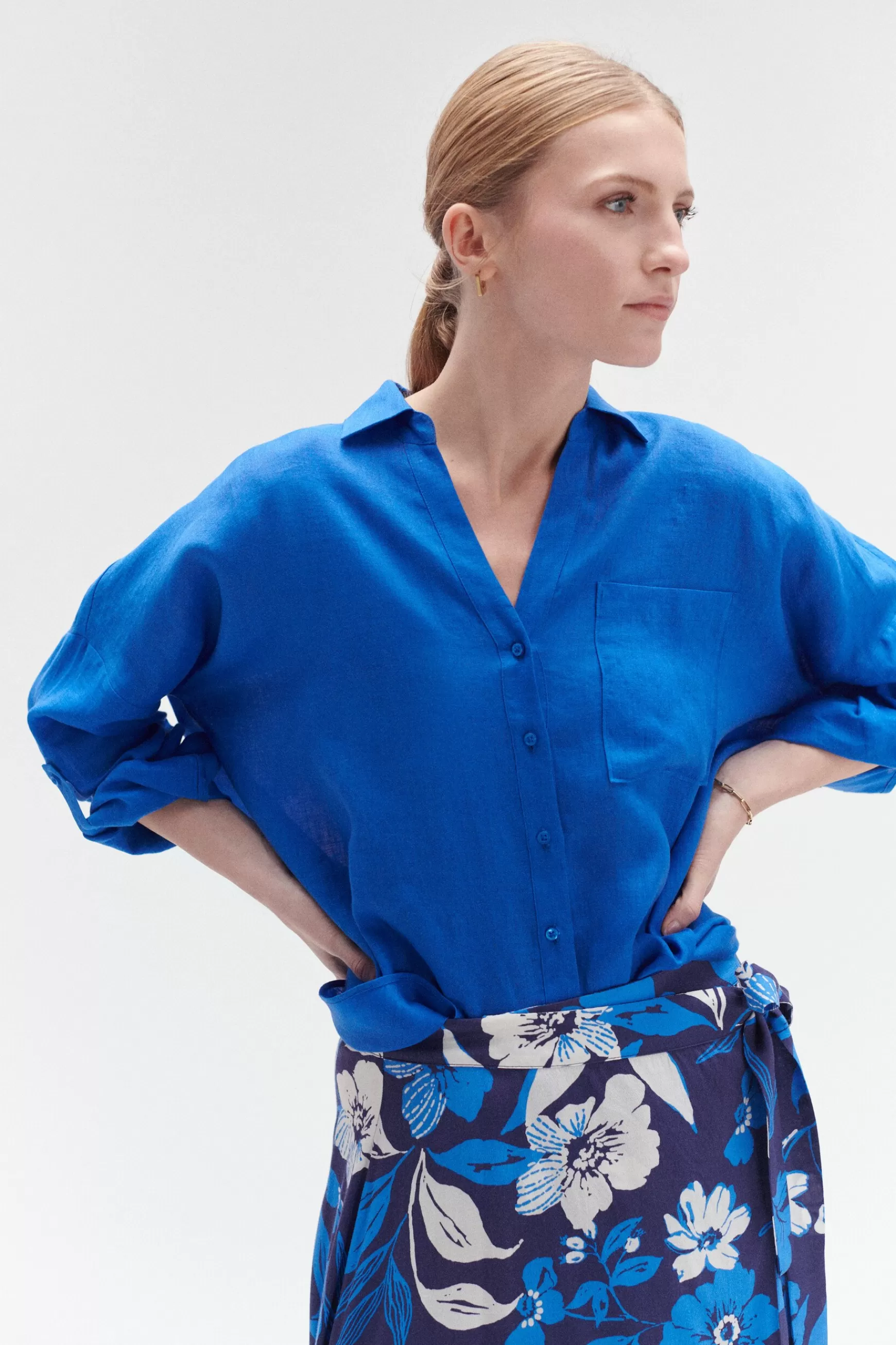 Online Chemise Sandy Oversize 100% Lin Bleu Electrique Femme Chemises