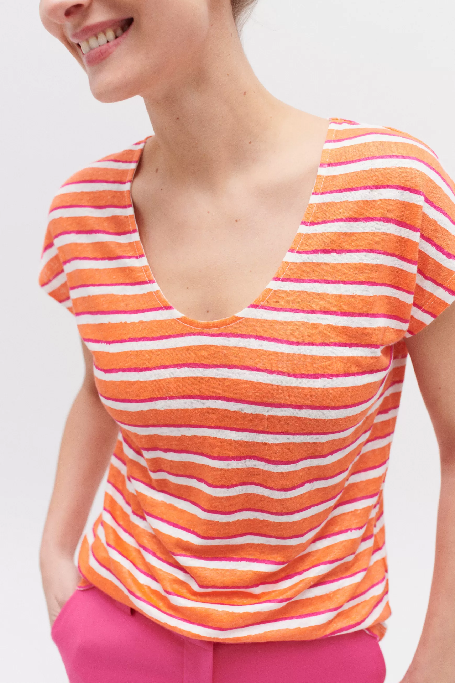 Hot T-Shirt Murina 100% Lin Orange Femme Tops Et T-Shirts